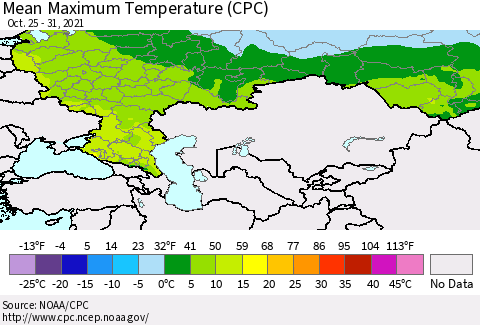 Russian Federation Mean Maximum Temperature (CPC) Thematic Map For 10/25/2021 - 10/31/2021