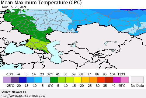 Russian Federation Mean Maximum Temperature (CPC) Thematic Map For 11/15/2021 - 11/21/2021