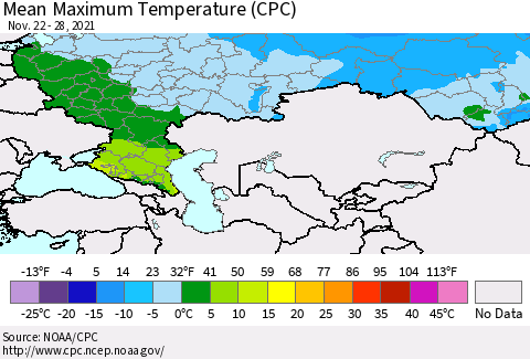 Russian Federation Mean Maximum Temperature (CPC) Thematic Map For 11/22/2021 - 11/28/2021