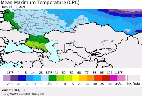 Russian Federation Mean Maximum Temperature (CPC) Thematic Map For 12/13/2021 - 12/19/2021