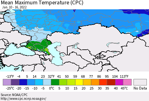 Russian Federation Mean Maximum Temperature (CPC) Thematic Map For 1/10/2022 - 1/16/2022