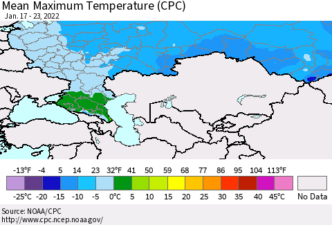 Russian Federation Mean Maximum Temperature (CPC) Thematic Map For 1/17/2022 - 1/23/2022