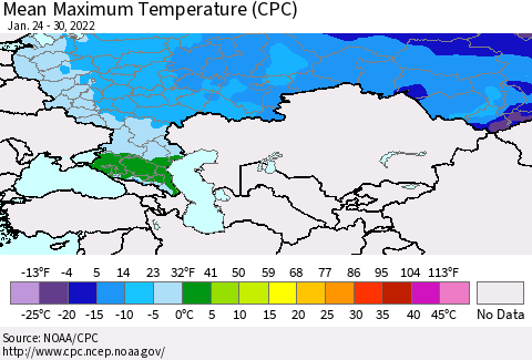Russian Federation Mean Maximum Temperature (CPC) Thematic Map For 1/24/2022 - 1/30/2022