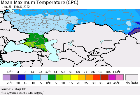 Russian Federation Mean Maximum Temperature (CPC) Thematic Map For 1/31/2022 - 2/6/2022