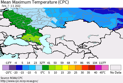Russian Federation Mean Maximum Temperature (CPC) Thematic Map For 2/7/2022 - 2/13/2022