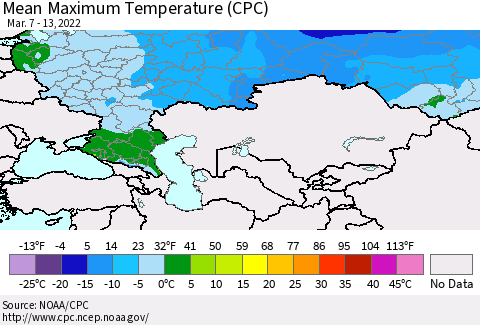 Russian Federation Mean Maximum Temperature (CPC) Thematic Map For 3/7/2022 - 3/13/2022