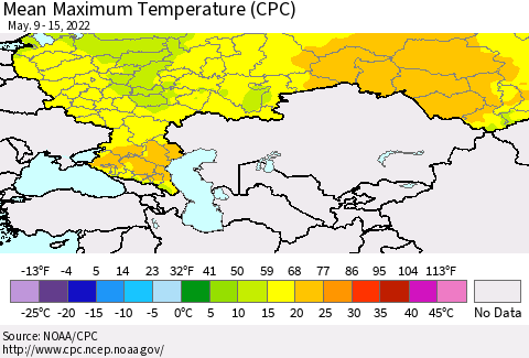 Russian Federation Mean Maximum Temperature (CPC) Thematic Map For 5/9/2022 - 5/15/2022