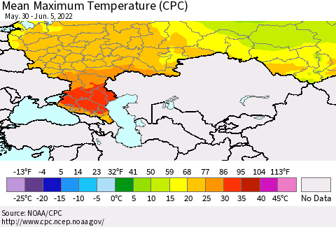 Russian Federation Mean Maximum Temperature (CPC) Thematic Map For 5/30/2022 - 6/5/2022
