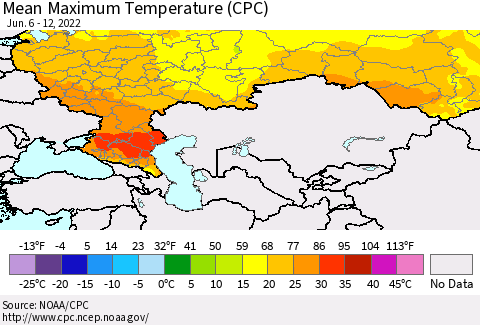 Russian Federation Mean Maximum Temperature (CPC) Thematic Map For 6/6/2022 - 6/12/2022