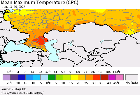 Russian Federation Mean Maximum Temperature (CPC) Thematic Map For 6/13/2022 - 6/19/2022