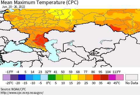 Russian Federation Mean Maximum Temperature (CPC) Thematic Map For 6/20/2022 - 6/26/2022