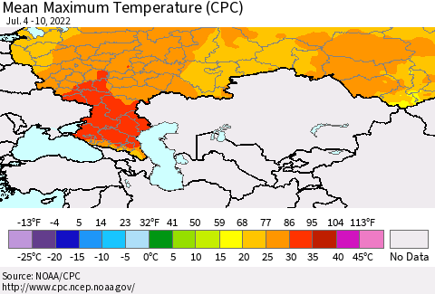 Russian Federation Mean Maximum Temperature (CPC) Thematic Map For 7/4/2022 - 7/10/2022