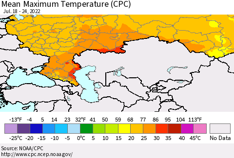 Russian Federation Mean Maximum Temperature (CPC) Thematic Map For 7/18/2022 - 7/24/2022