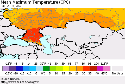 Russian Federation Mean Maximum Temperature (CPC) Thematic Map For 7/25/2022 - 7/31/2022