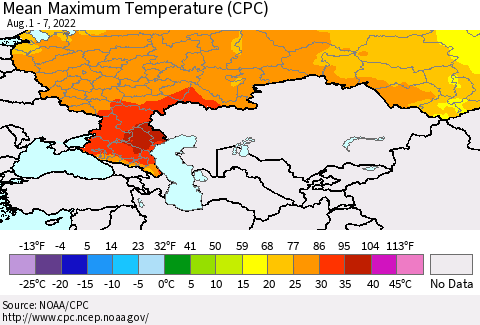 Russian Federation Mean Maximum Temperature (CPC) Thematic Map For 8/1/2022 - 8/7/2022