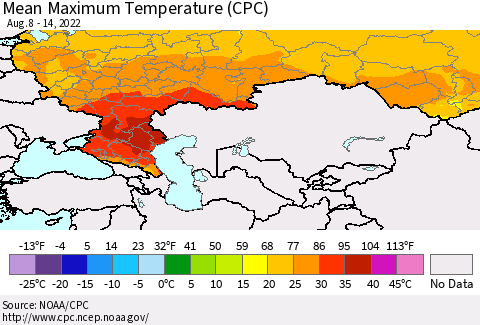 Russian Federation Mean Maximum Temperature (CPC) Thematic Map For 8/8/2022 - 8/14/2022