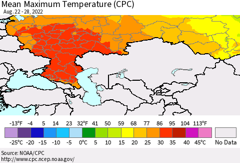 Russian Federation Mean Maximum Temperature (CPC) Thematic Map For 8/22/2022 - 8/28/2022