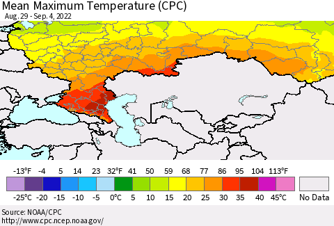 Russian Federation Mean Maximum Temperature (CPC) Thematic Map For 8/29/2022 - 9/4/2022