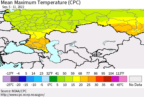 Russian Federation Mean Maximum Temperature (CPC) Thematic Map For 9/5/2022 - 9/11/2022