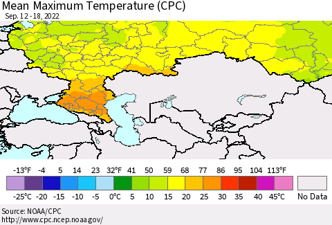 Russian Federation Mean Maximum Temperature (CPC) Thematic Map For 9/12/2022 - 9/18/2022