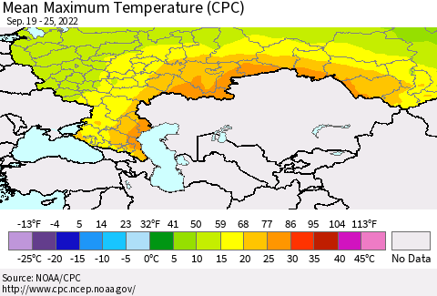 Russian Federation Mean Maximum Temperature (CPC) Thematic Map For 9/19/2022 - 9/25/2022