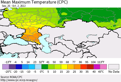 Russian Federation Mean Maximum Temperature (CPC) Thematic Map For 9/26/2022 - 10/2/2022