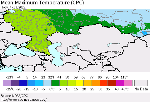 Russian Federation Mean Maximum Temperature (CPC) Thematic Map For 11/7/2022 - 11/13/2022