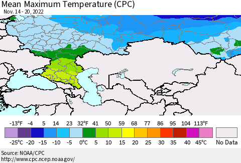 Russian Federation Mean Maximum Temperature (CPC) Thematic Map For 11/14/2022 - 11/20/2022