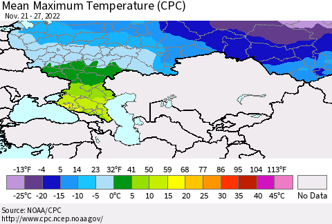 Russian Federation Mean Maximum Temperature (CPC) Thematic Map For 11/21/2022 - 11/27/2022