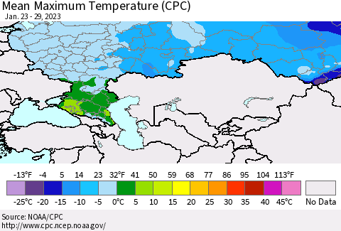 Russian Federation Mean Maximum Temperature (CPC) Thematic Map For 1/23/2023 - 1/29/2023
