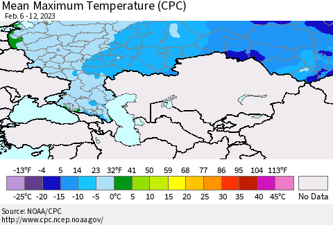 Russian Federation Mean Maximum Temperature (CPC) Thematic Map For 2/6/2023 - 2/12/2023