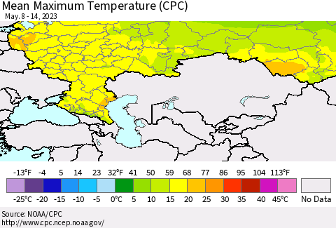 Russian Federation Mean Maximum Temperature (CPC) Thematic Map For 5/8/2023 - 5/14/2023