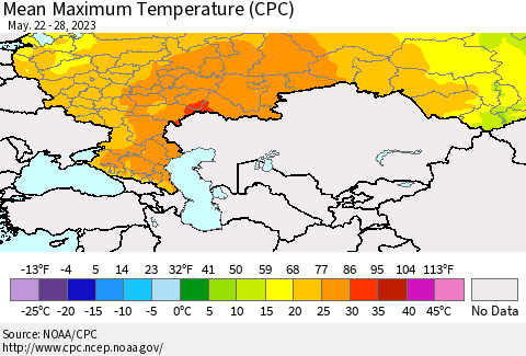Russian Federation Mean Maximum Temperature (CPC) Thematic Map For 5/22/2023 - 5/28/2023