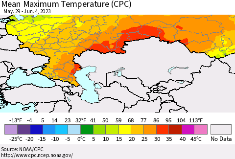 Russian Federation Mean Maximum Temperature (CPC) Thematic Map For 5/29/2023 - 6/4/2023