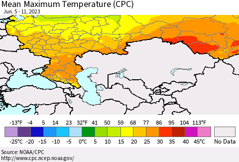 Russian Federation Mean Maximum Temperature (CPC) Thematic Map For 6/5/2023 - 6/11/2023