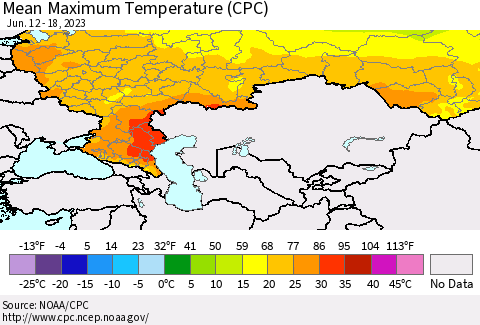 Russian Federation Mean Maximum Temperature (CPC) Thematic Map For 6/12/2023 - 6/18/2023