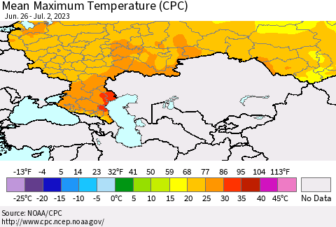 Russian Federation Mean Maximum Temperature (CPC) Thematic Map For 6/26/2023 - 7/2/2023