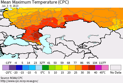 Russian Federation Mean Maximum Temperature (CPC) Thematic Map For 7/3/2023 - 7/9/2023