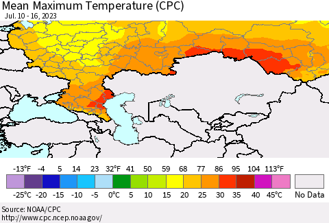 Russian Federation Mean Maximum Temperature (CPC) Thematic Map For 7/10/2023 - 7/16/2023