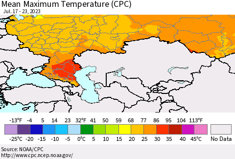 Russian Federation Mean Maximum Temperature (CPC) Thematic Map For 7/17/2023 - 7/23/2023