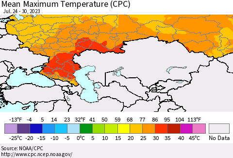 Russian Federation Mean Maximum Temperature (CPC) Thematic Map For 7/24/2023 - 7/30/2023