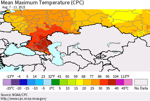 Russian Federation Mean Maximum Temperature (CPC) Thematic Map For 8/7/2023 - 8/13/2023