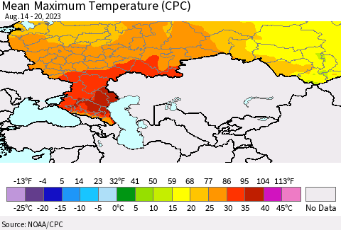Russian Federation Mean Maximum Temperature (CPC) Thematic Map For 8/14/2023 - 8/20/2023