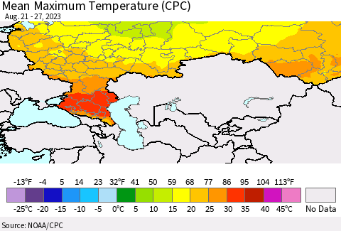 Russian Federation Mean Maximum Temperature (CPC) Thematic Map For 8/21/2023 - 8/27/2023