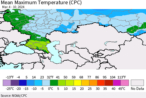 Russian Federation Mean Maximum Temperature (CPC) Thematic Map For 3/4/2024 - 3/10/2024