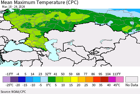 Russian Federation Mean Maximum Temperature (CPC) Thematic Map For 3/18/2024 - 3/24/2024
