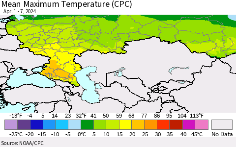 Russian Federation Mean Maximum Temperature (CPC) Thematic Map For 4/1/2024 - 4/7/2024
