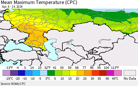 Russian Federation Mean Maximum Temperature (CPC) Thematic Map For 4/8/2024 - 4/14/2024