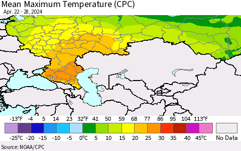 Russian Federation Mean Maximum Temperature (CPC) Thematic Map For 4/22/2024 - 4/28/2024