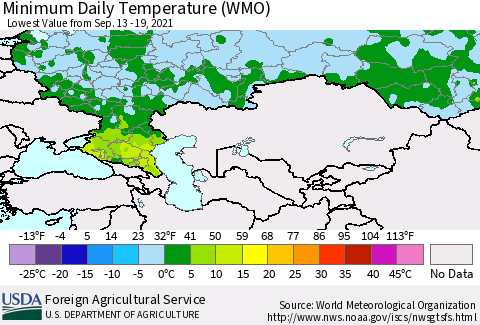 Russian Federation Minimum Daily Temperature (WMO) Thematic Map For 9/13/2021 - 9/19/2021